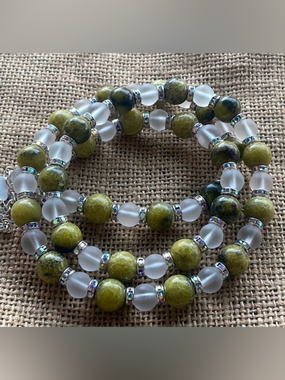 Serpentine Stone Glass Beads Crystal spacers adjustable necklace healing